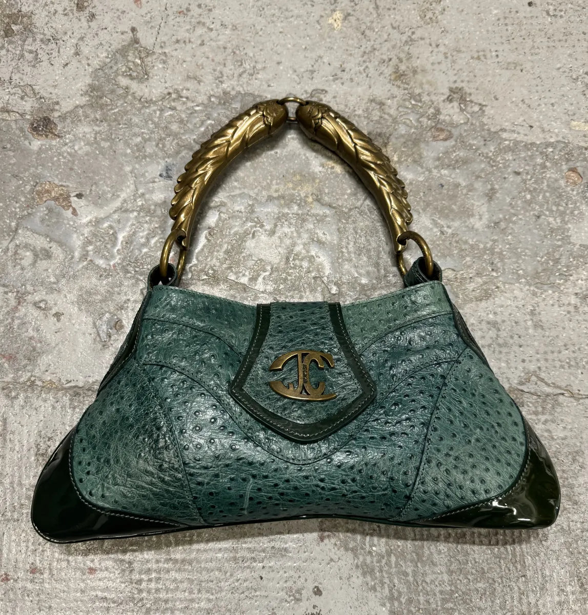 SS2008 Cavalli Ostrich Embossed Leather Blue Horn Handle Bag fKEiTzd 0