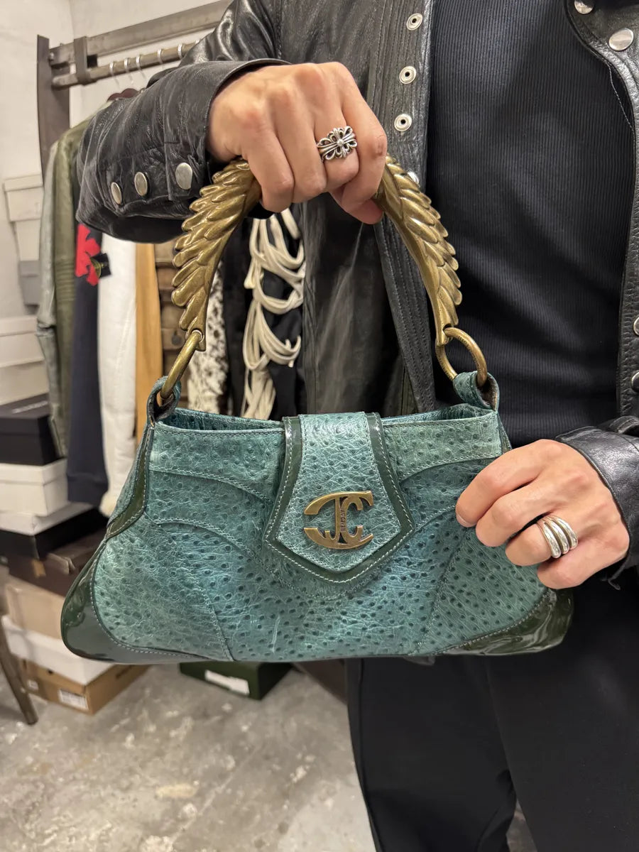 SS2008 Cavalli Ostrich Embossed Leather Blue Horn Handle Bag fKEiTzd 1