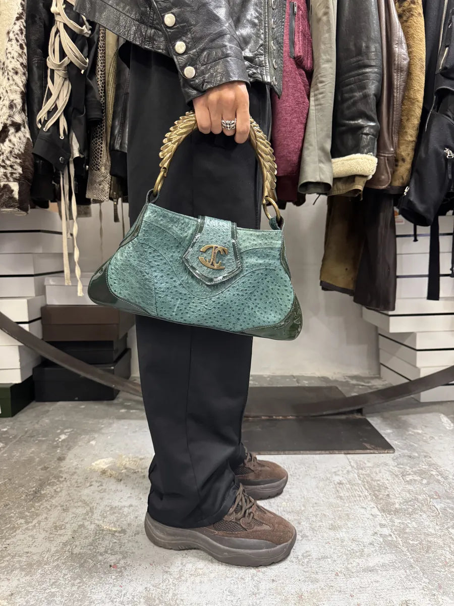SS2008 Cavalli Ostrich Embossed Leather Blue Horn Handle Bag fKEiTzd 2