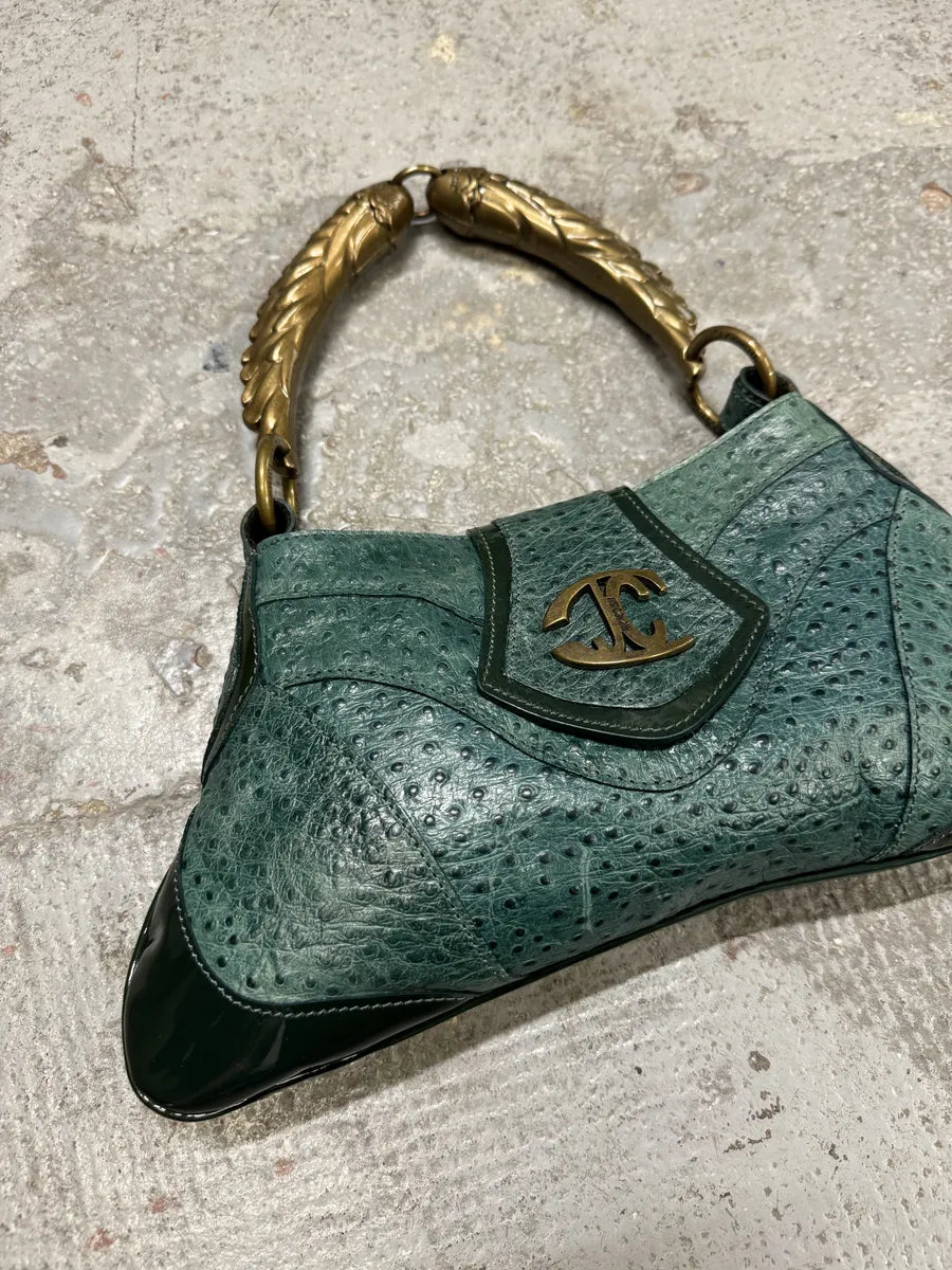 SS2008 Cavalli Ostrich Embossed Leather Blue Horn Handle Bag fKEiTzd 3