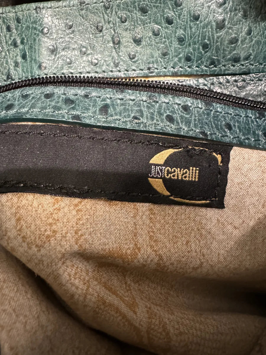 SS2008 Cavalli Ostrich Embossed Leather Blue Horn Handle Bag fKEiTzd 6
