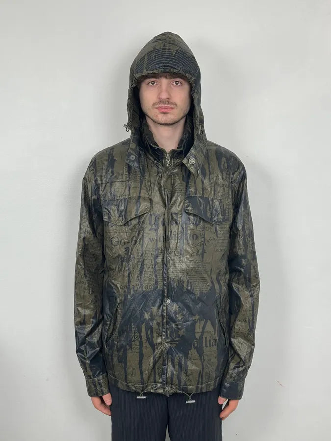 SS2008 Galliano 2 in 1 Khaki Brown & Black Newspaper Windbreaker Jacket BjXopDW 1