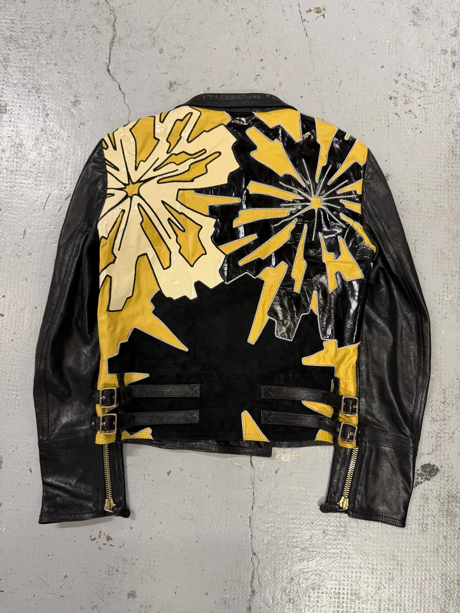 SS2008 Gucci Black & Yellow Floral Leather Biker Jacket by Frida Giannini bbgGkVP 0