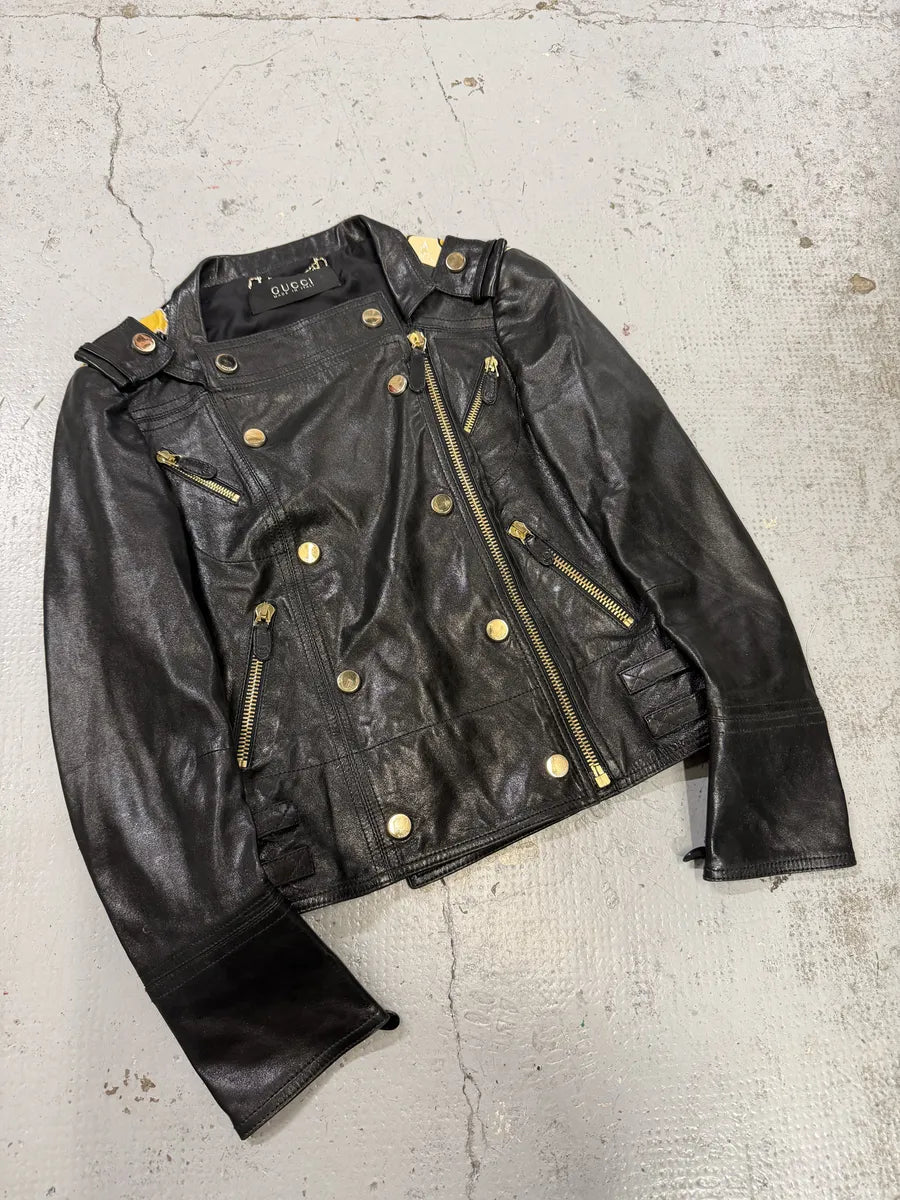 SS2008 Gucci Black & Yellow Floral Leather Biker Jacket by Frida Giannini bbgGkVP 10