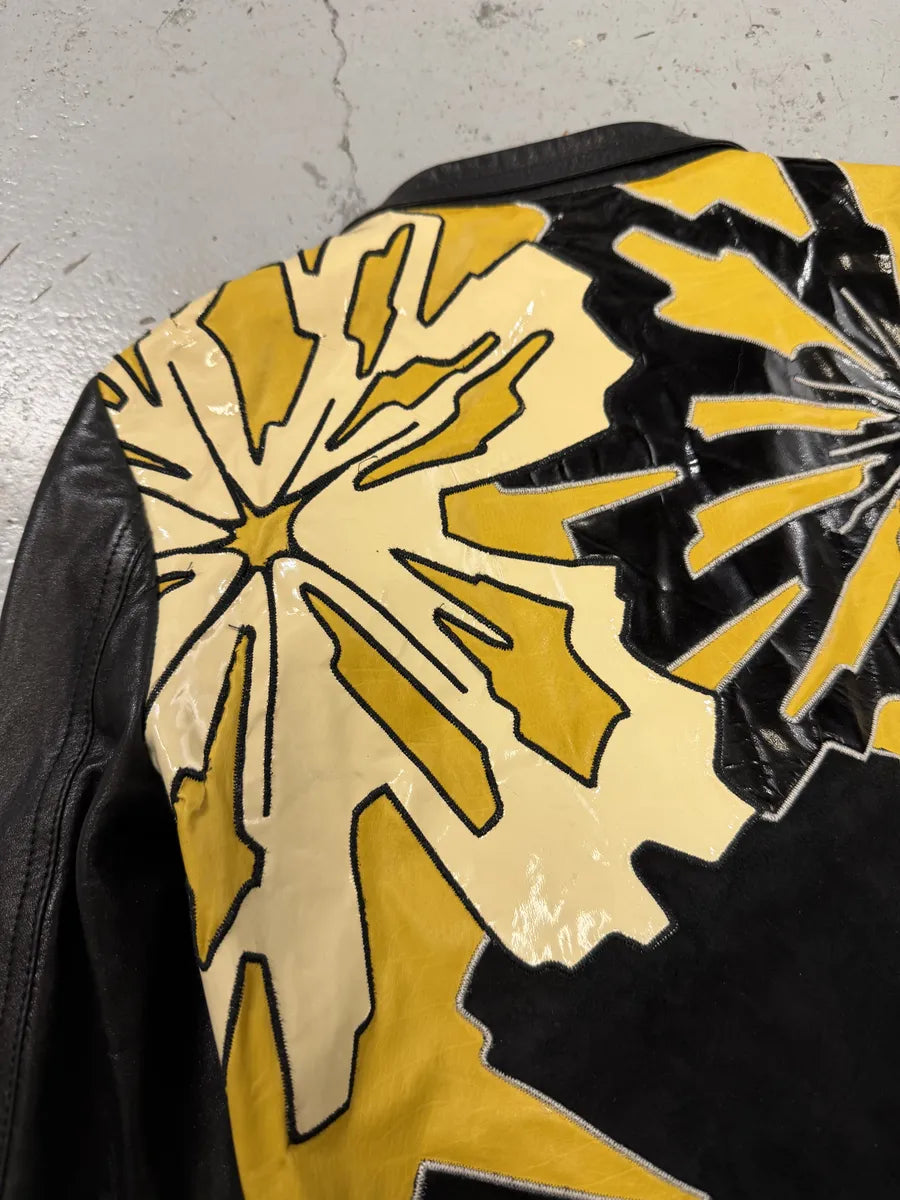 SS2008 Gucci Black & Yellow Floral Leather Biker Jacket by Frida Giannini bbgGkVP 11