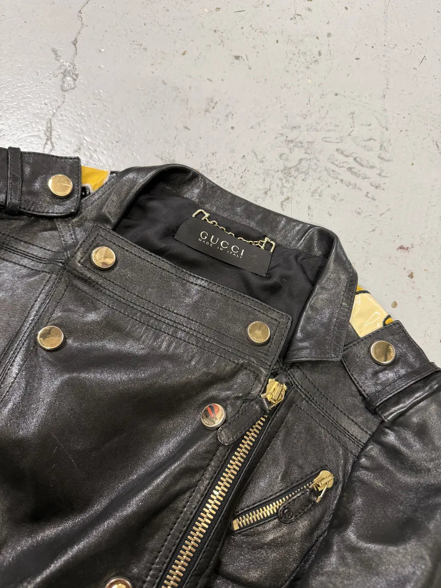 SS2008 Gucci Black & Yellow Floral Leather Biker Jacket by Frida Giannini bbgGkVP 12