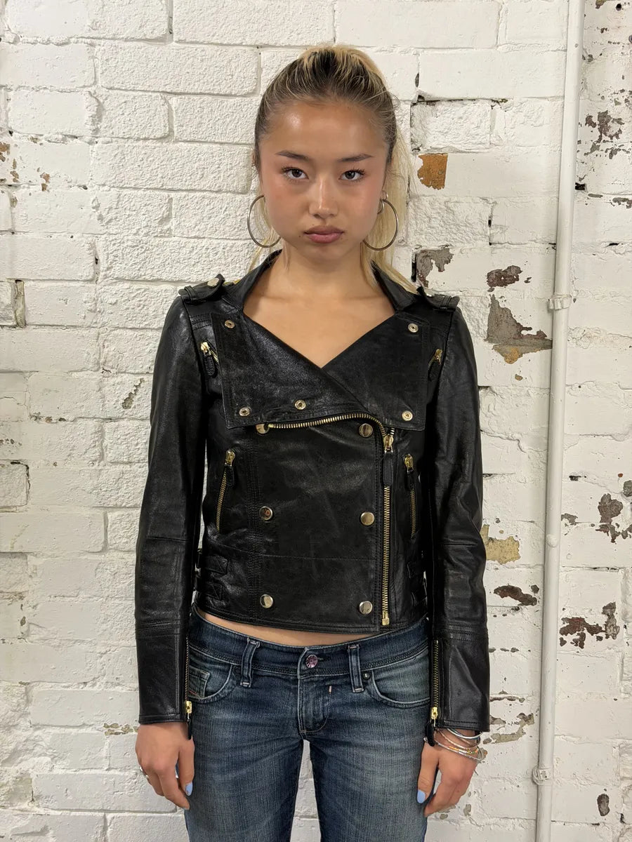 SS2008 Gucci Black & Yellow Floral Leather Biker Jacket by Frida Giannini bbgGkVP 3