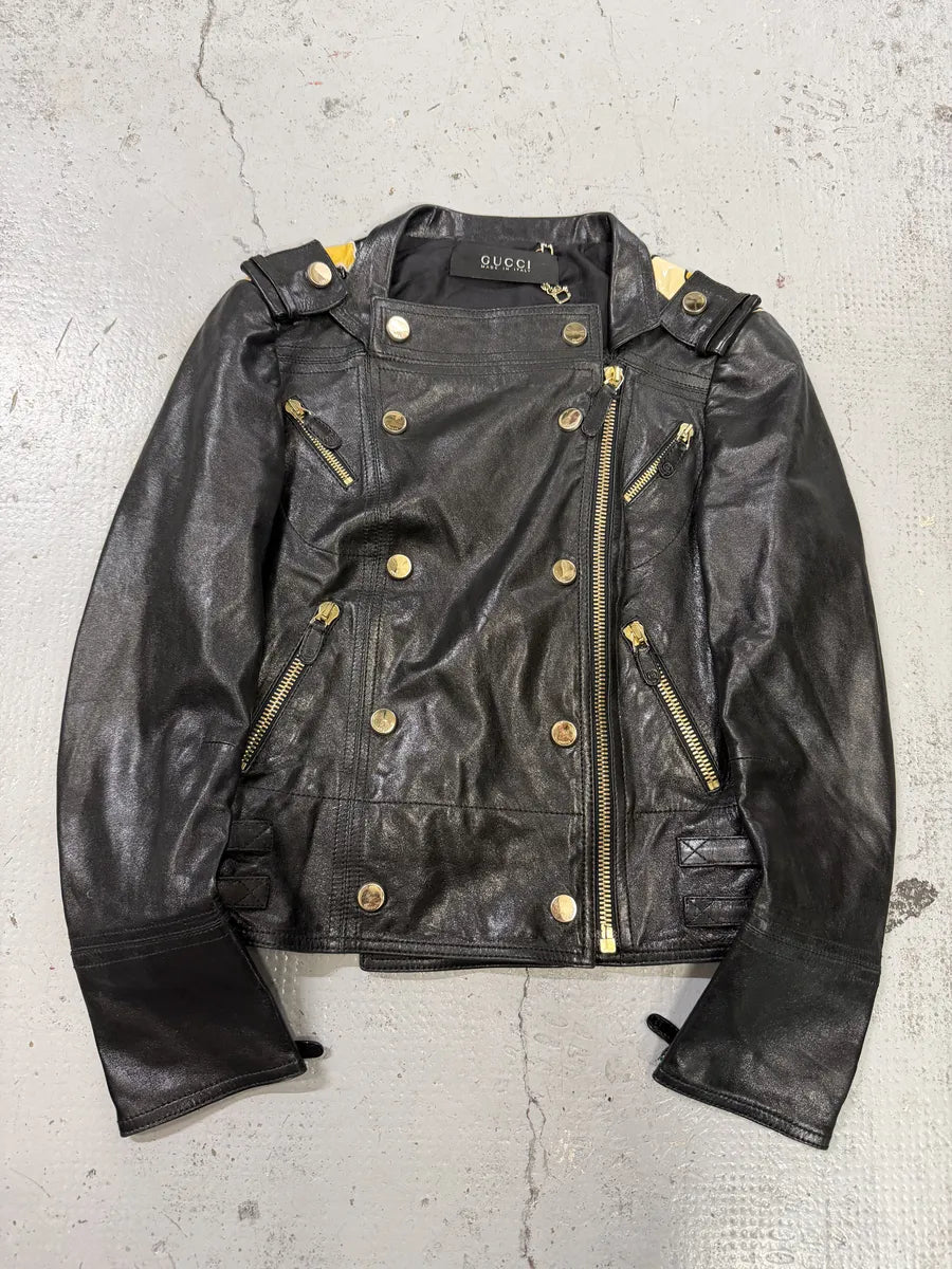 SS2008 Gucci Black & Yellow Floral Leather Biker Jacket by Frida Giannini bbgGkVP 4
