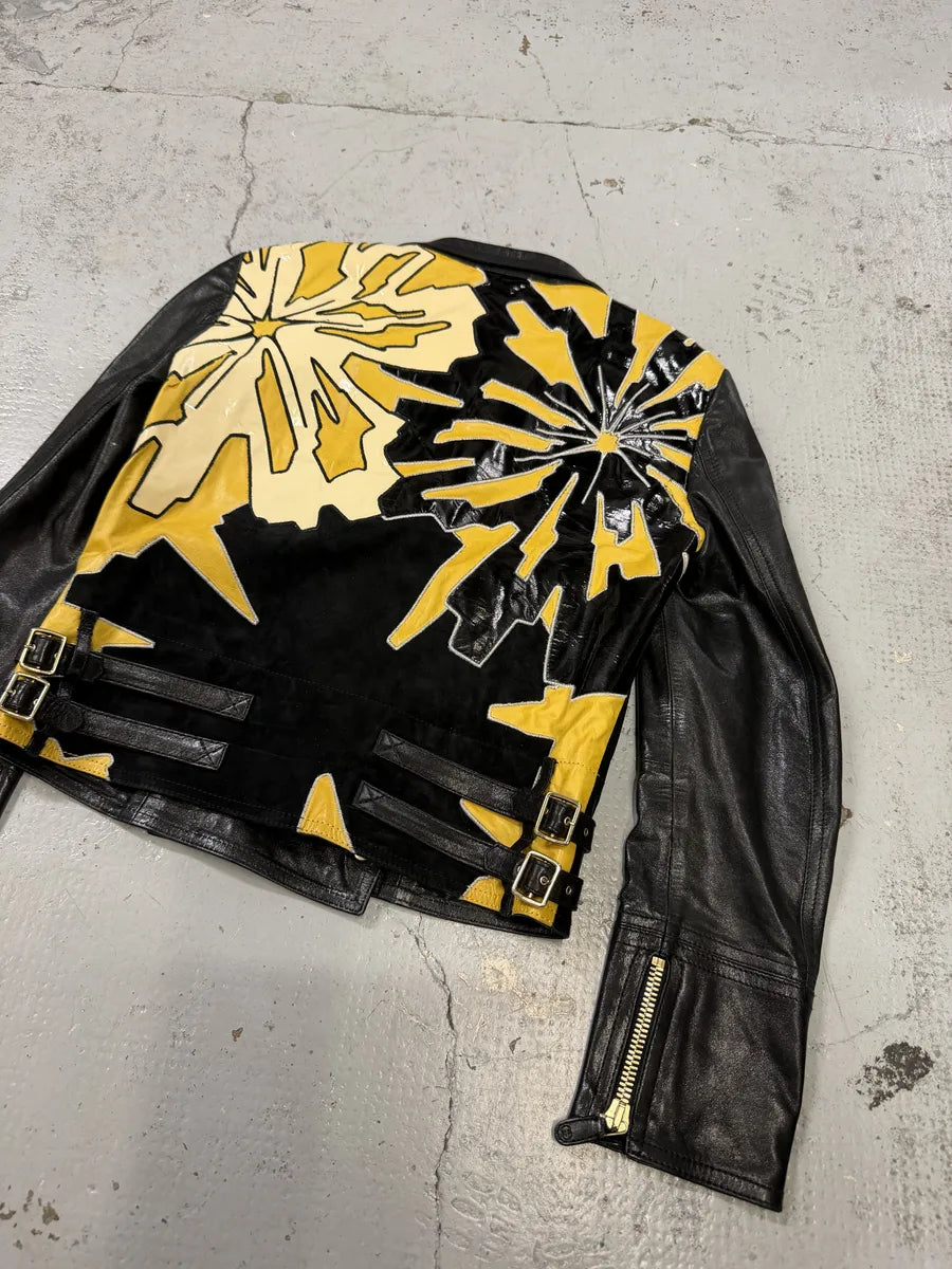 SS2008 Gucci Black & Yellow Floral Leather Biker Jacket by Frida Giannini bbgGkVP 5
