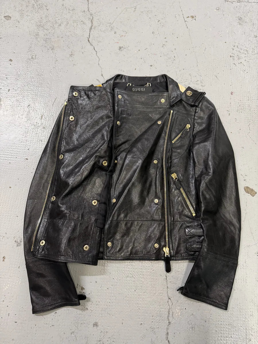 SS2008 Gucci Black & Yellow Floral Leather Biker Jacket by Frida Giannini bbgGkVP 6
