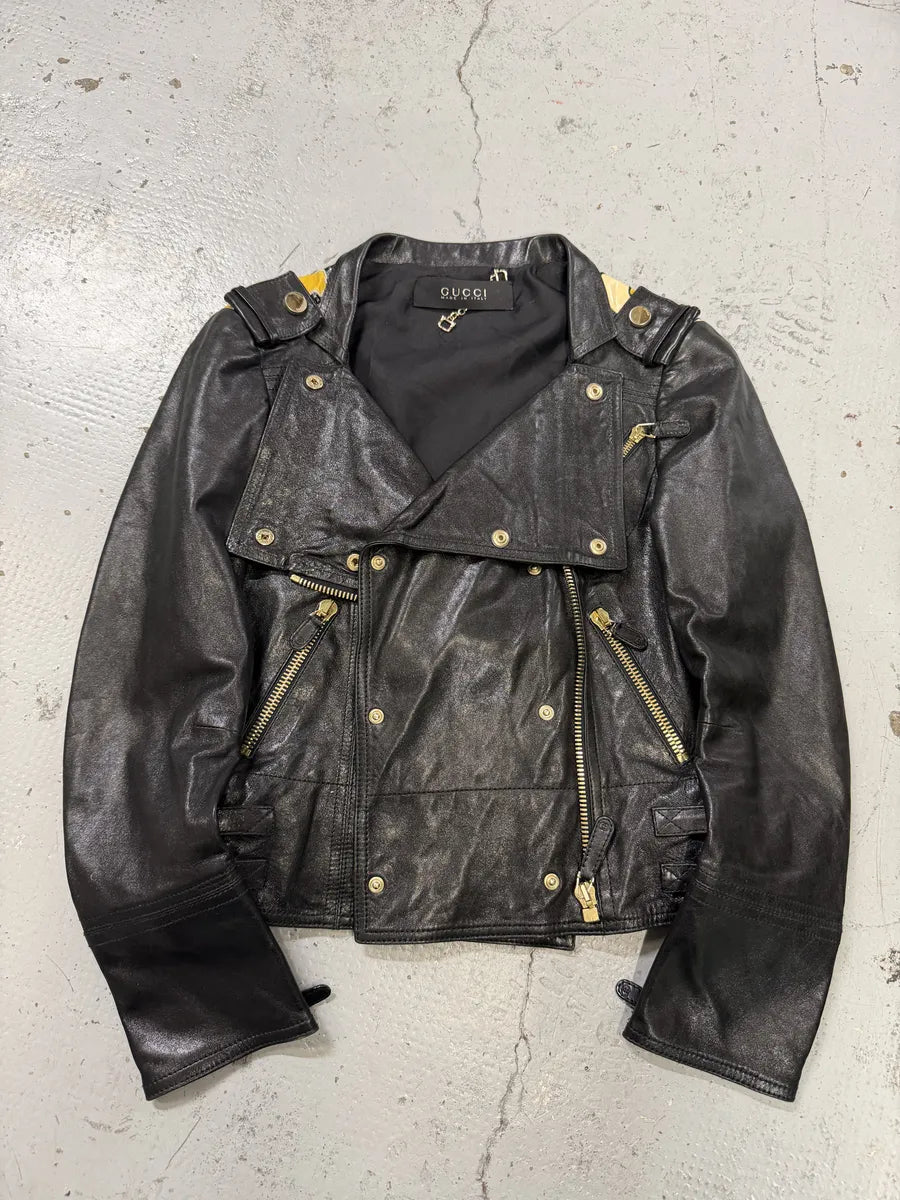 SS2008 Gucci Black & Yellow Floral Leather Biker Jacket by Frida Giannini bbgGkVP 7