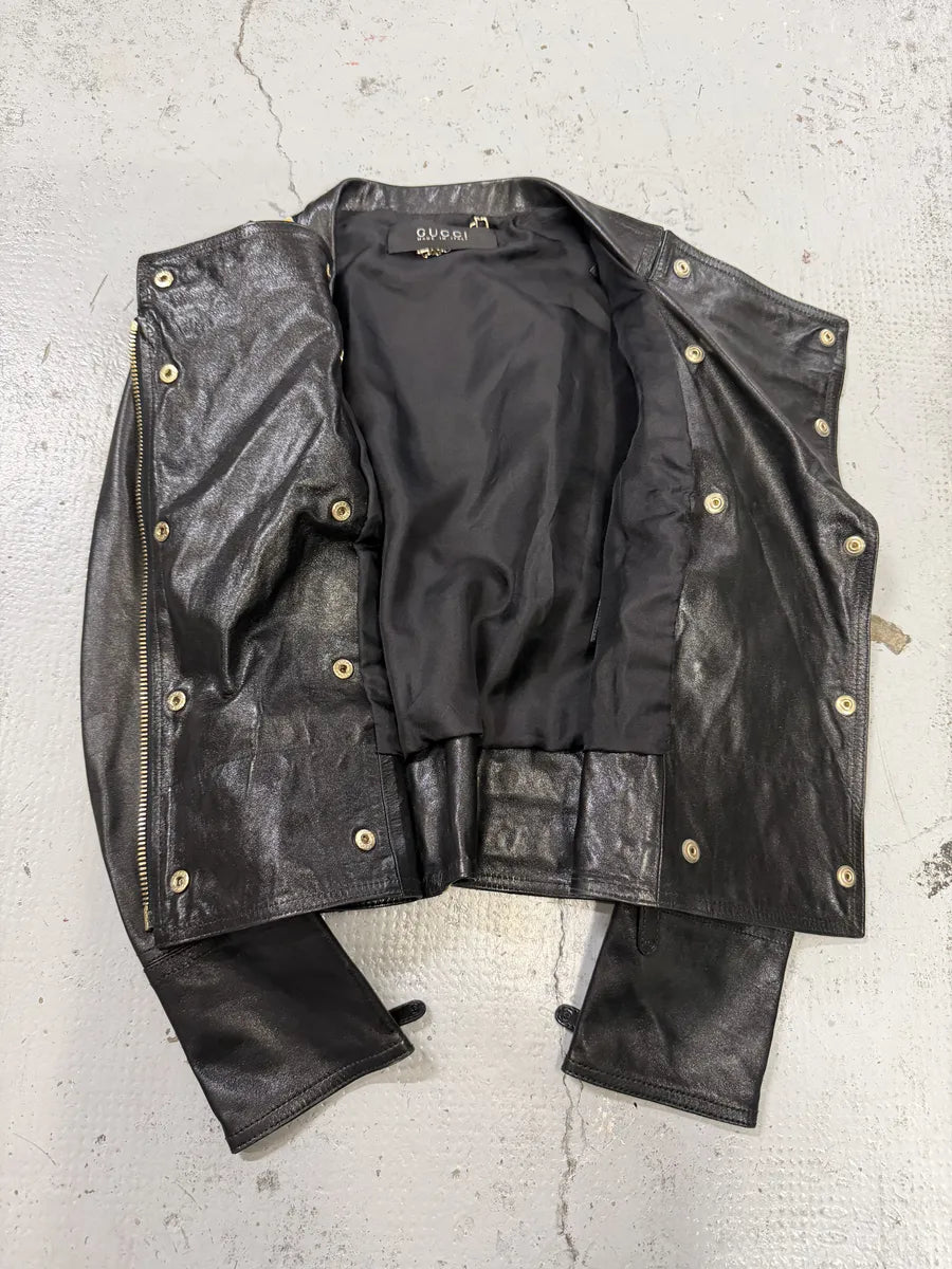 SS2008 Gucci Black & Yellow Floral Leather Biker Jacket by Frida Giannini bbgGkVP 9
