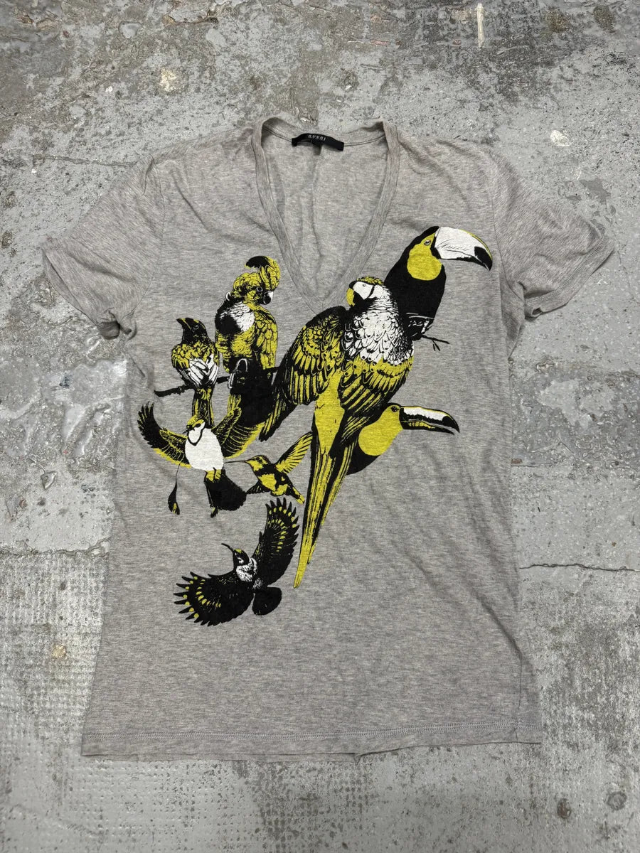 SS2008 Gucci Grey V Neck Birds Toocan T-Shirt wZaoGna 0