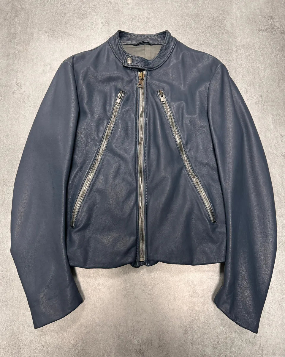 SS2008 Maison Margiela 5-Zip Biker Navy Leather Jacket HRRlQmG 0
