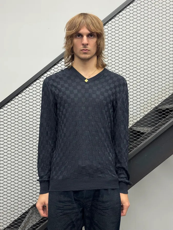 SS2008 Margiela Black Grid V-Neck Signature Sweater ToVYLlW 1