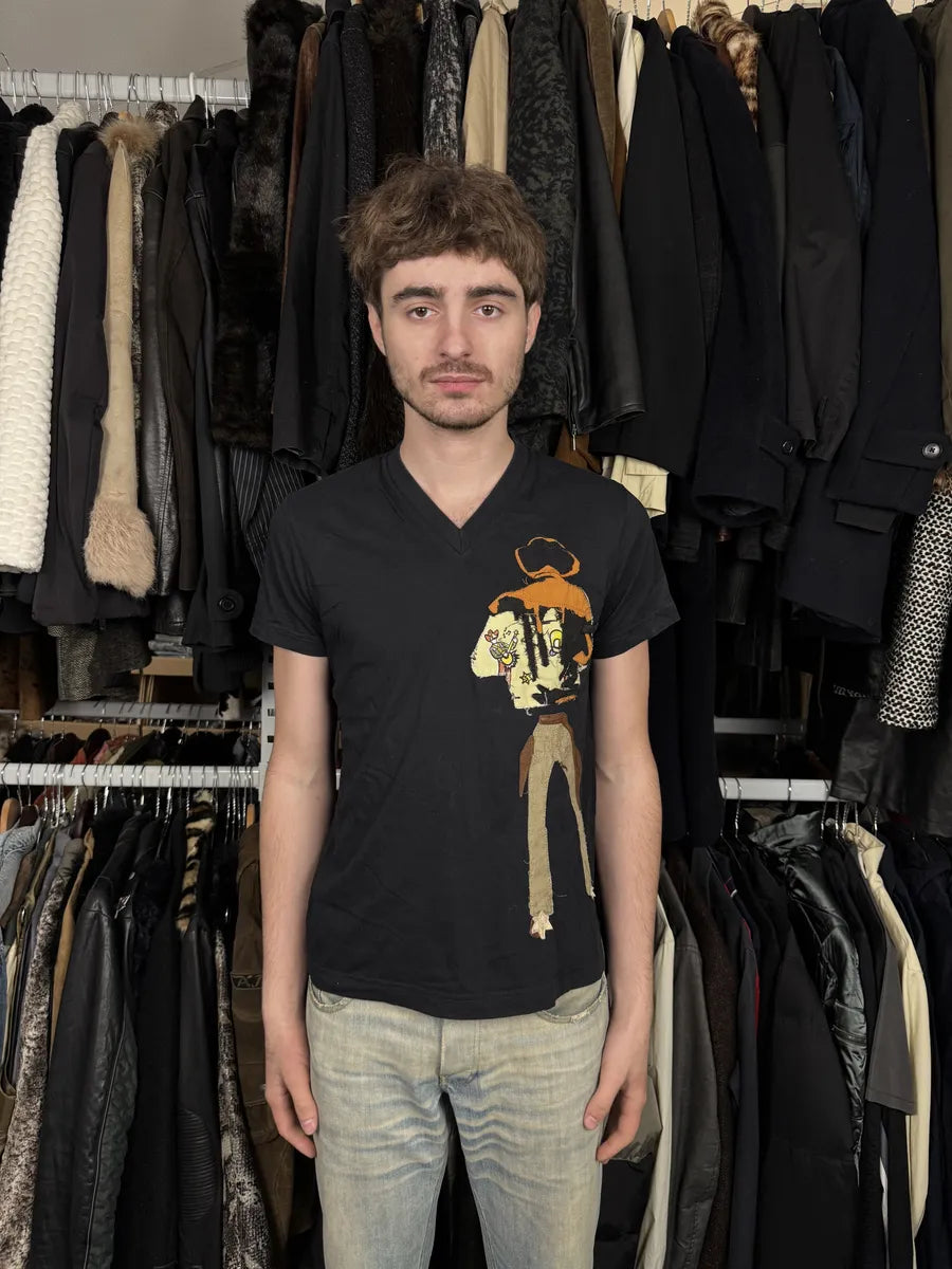 SS2008 Prada V-Neck Texas Man Black T-Shirt dZvKKtK 2