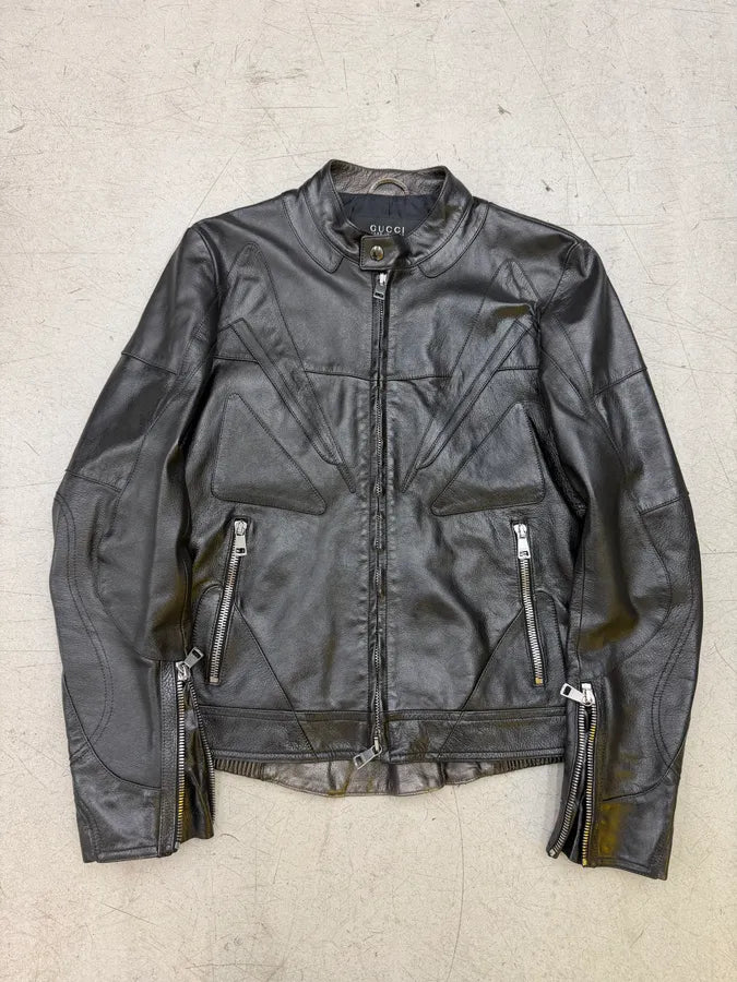 SS2009 Gucci Black Avant-Garde Biker Leather Jacket by Frida Giannini KmcXYFU 0