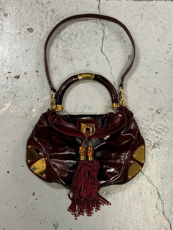 SS2009 Gucci Indy Bordeaux Red Patent Leather Bamboo Handle Bag yfEuJia 3