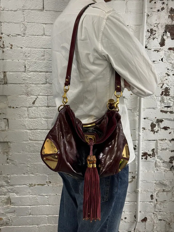 SS2009 Gucci Indy Bordeaux Red Patent Leather Bamboo Handle Bag yfEuJia 2