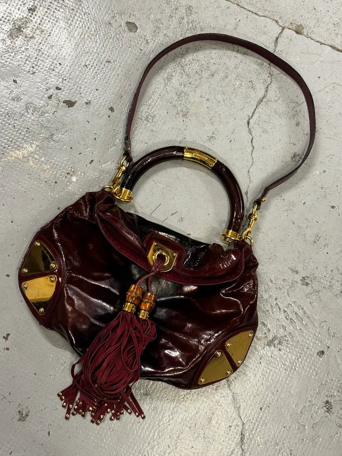 SS2009 Gucci Indy Bordeaux Red Patent Leather Bamboo Handle Bag yfEuJia 6