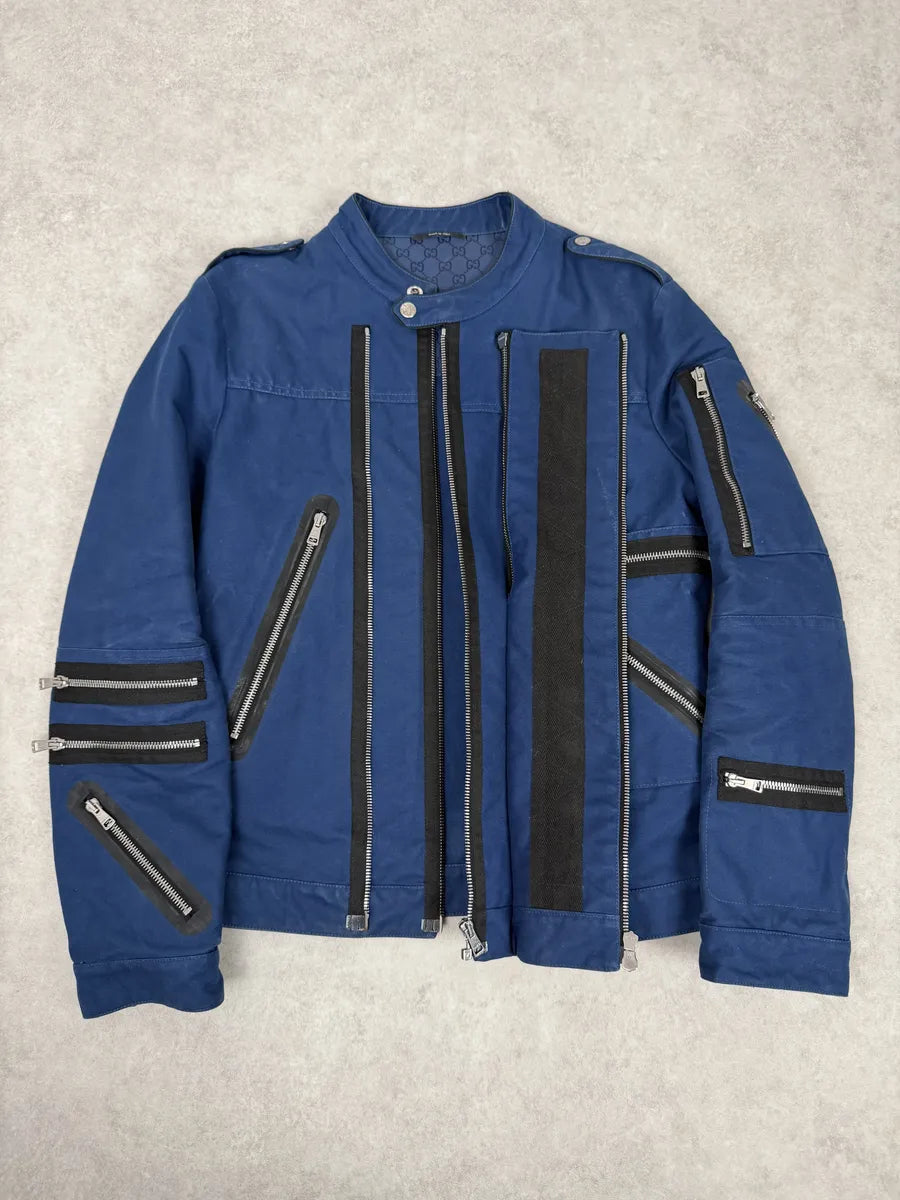 SS2009 Gucci Navy Blue Asymmetrical Multi Zips Biker Jacket by Frida Giannini gxQkVNG 3