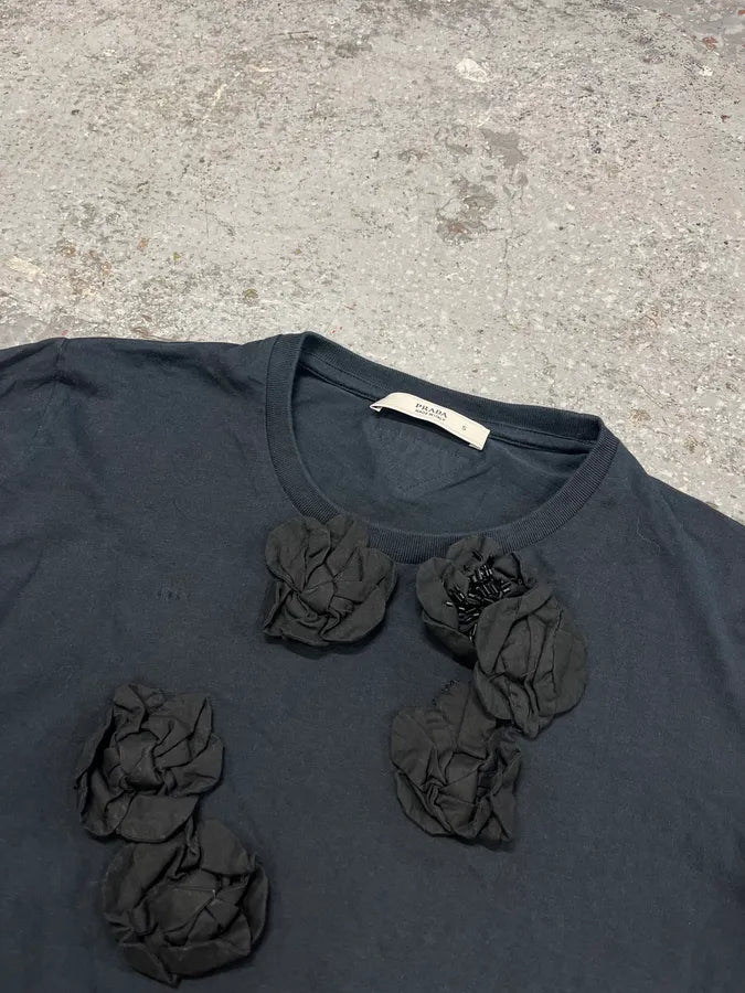 SS2009 Prada Black Flowers Relief T-Shirt tXmPeYB 1