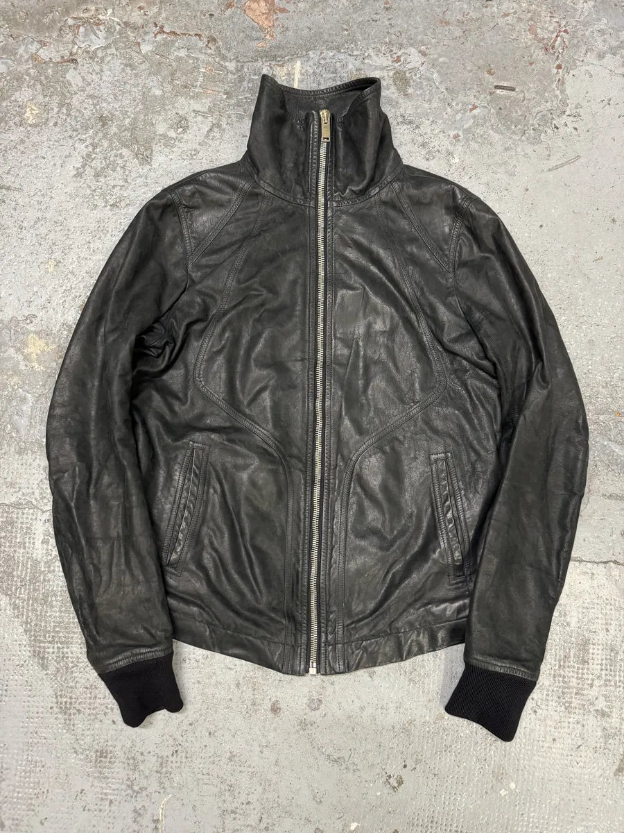 SS2009 Rick Owens Intarsia High Neck Black Leather Jacket aEWAjum 0
