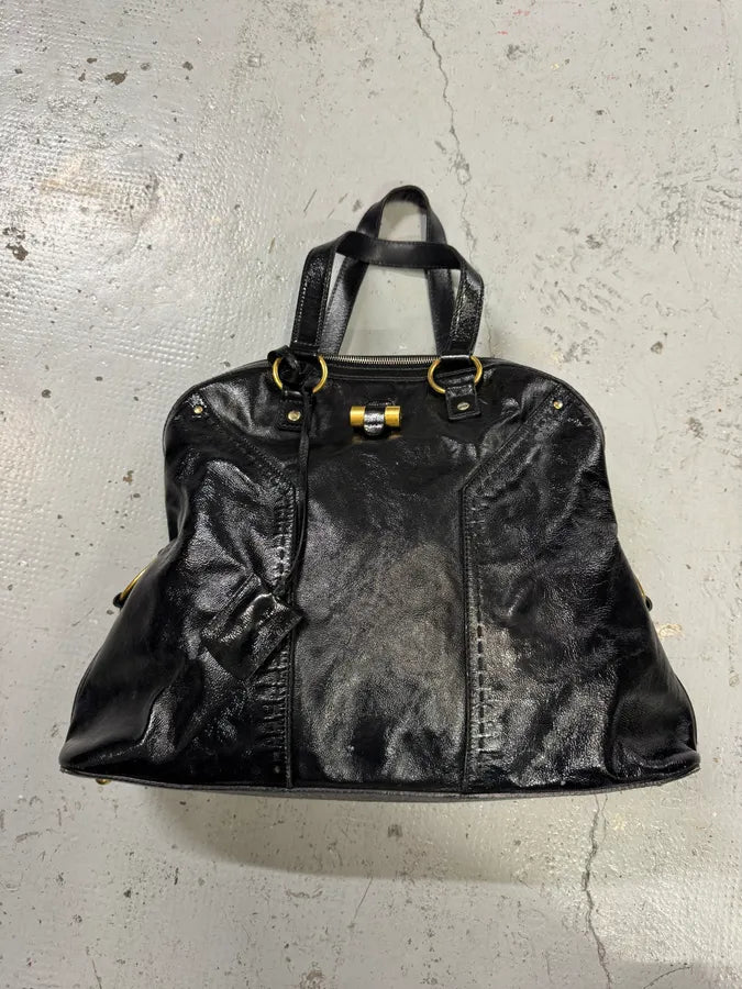 SS2009 Yves Saint Laurent Muse Shiny Black Leather Handle Bag KHsovDy 0