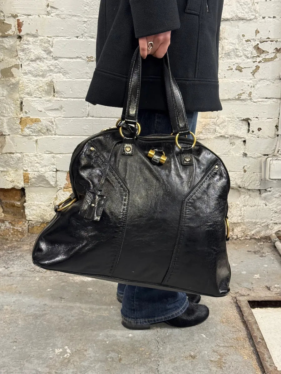 SS2009 Yves Saint Laurent Muse Shiny Black Leather Handle Bag KHsovDy 1