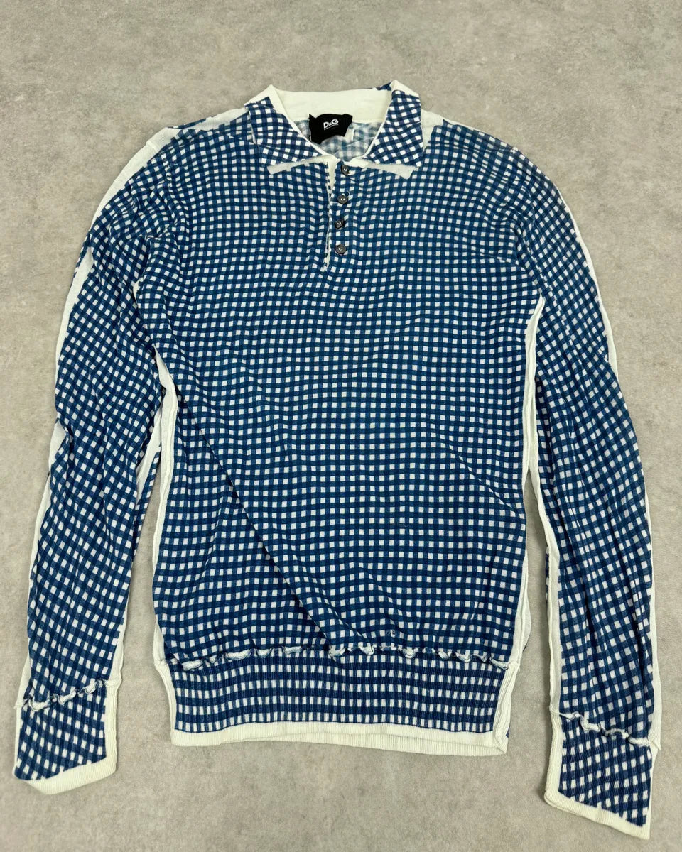SS2010 Dolce & Gabbana Blue & White Checkered Trompe L’oeil Polo jDmtVAa 0