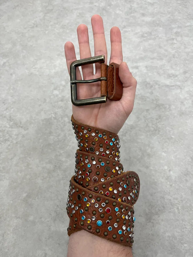 SS2010 Dolce & Gabbana Brown Leather Multicolore Studded Unique Belt FKDNXFL 0