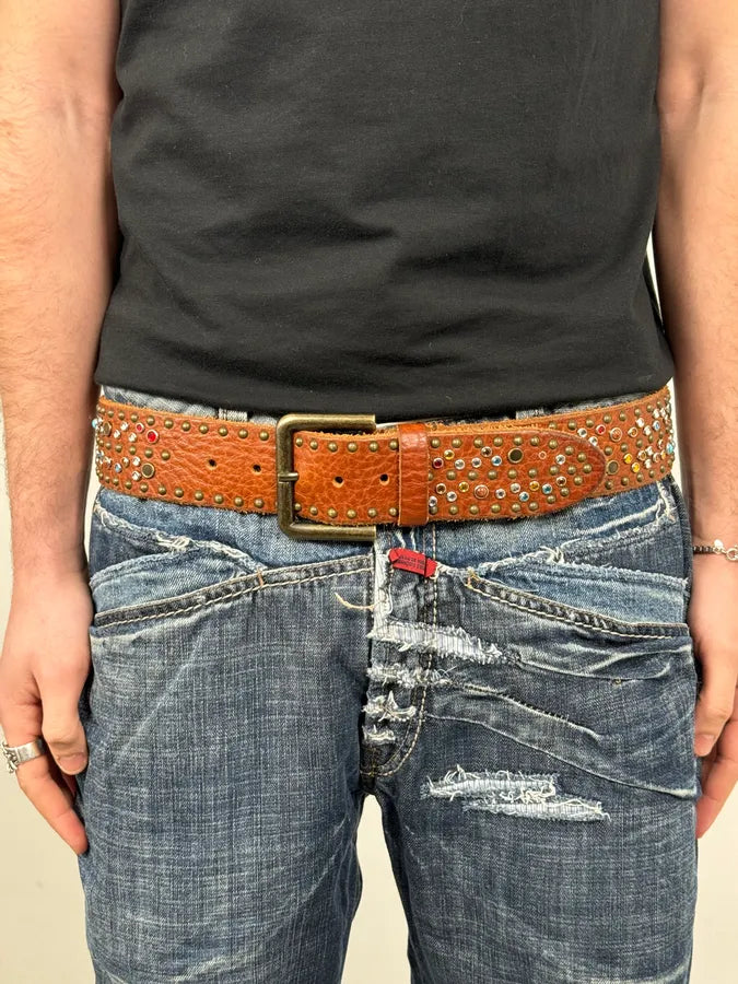 SS2010 Dolce & Gabbana Brown Leather Multicolore Studded Unique Belt FKDNXFL 1