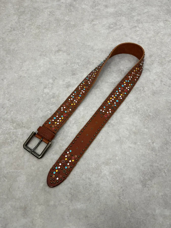 SS2010 Dolce & Gabbana Brown Leather Multicolore Studded Unique Belt FKDNXFL 2