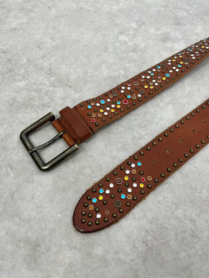 SS2010 Dolce & Gabbana Brown Leather Multicolore Studded Unique Belt FKDNXFL 3