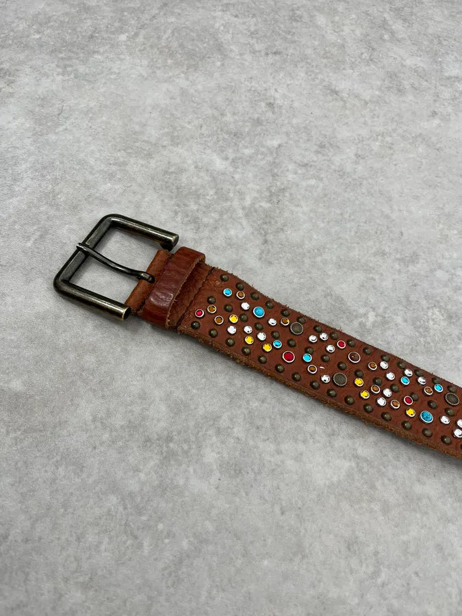 SS2010 Dolce & Gabbana Brown Leather Multicolore Studded Unique Belt FKDNXFL 4