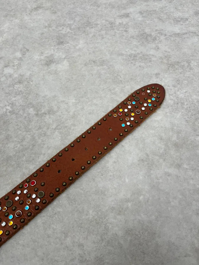 SS2010 Dolce & Gabbana Brown Leather Multicolore Studded Unique Belt FKDNXFL 5