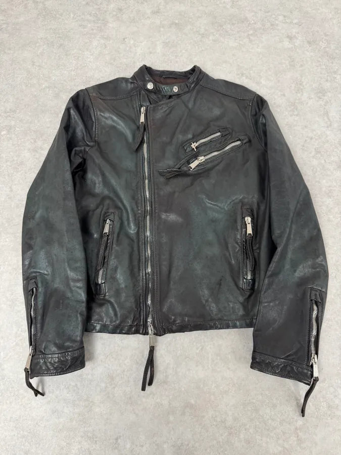 SS2010 Dsquared2 Biker Asymmetrical Black Gren Leather Jacket wTpPvPH 0