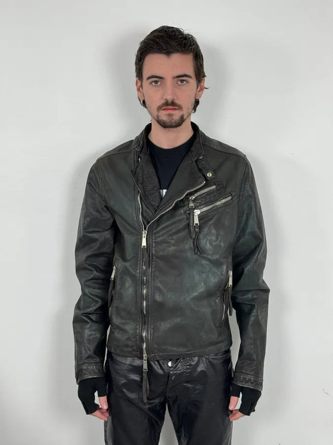 SS2010 Dsquared2 Biker Asymmetrical Black Gren Leather Jacket wTpPvPH 1