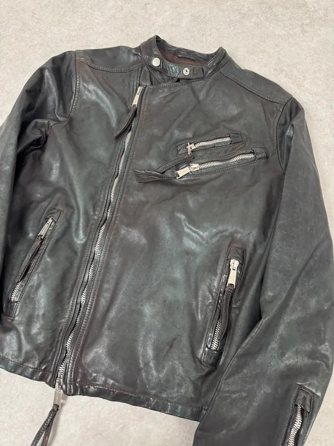 SS2010 Dsquared2 Biker Asymmetrical Black Gren Leather Jacket wTpPvPH 3