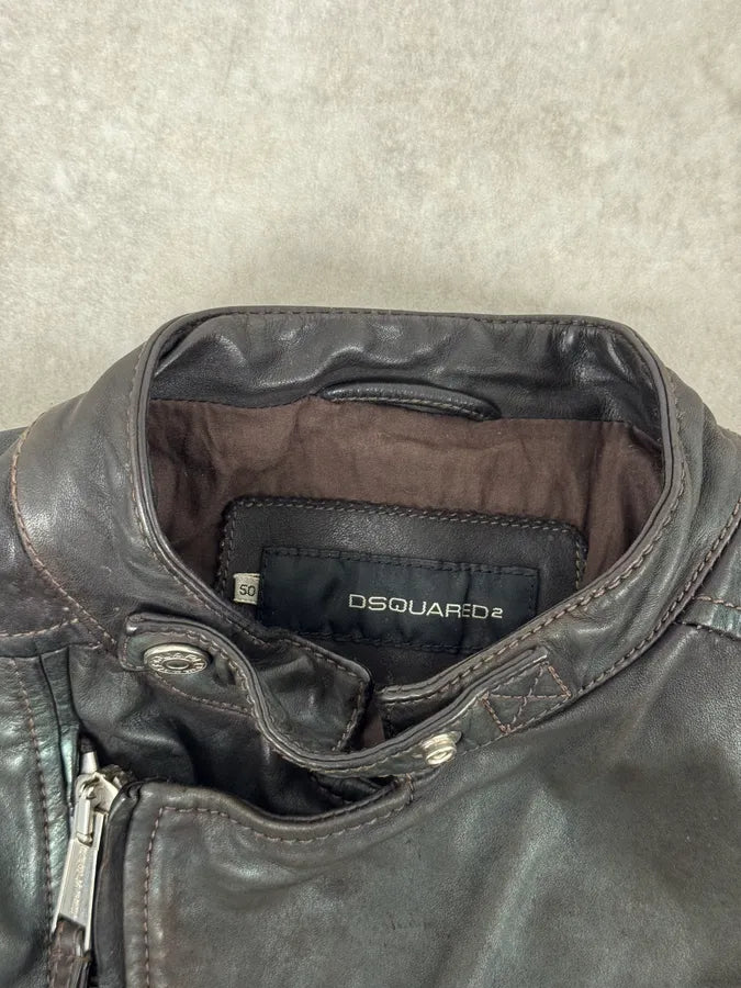 SS2010 Dsquared2 Biker Asymmetrical Black Gren Leather Jacket wTpPvPH 7