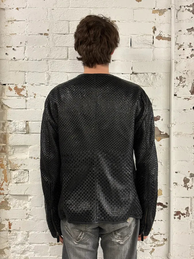 SS2010 Emporio Armani Woven Gradient Black Leather Jacket QyCvbKZ 2