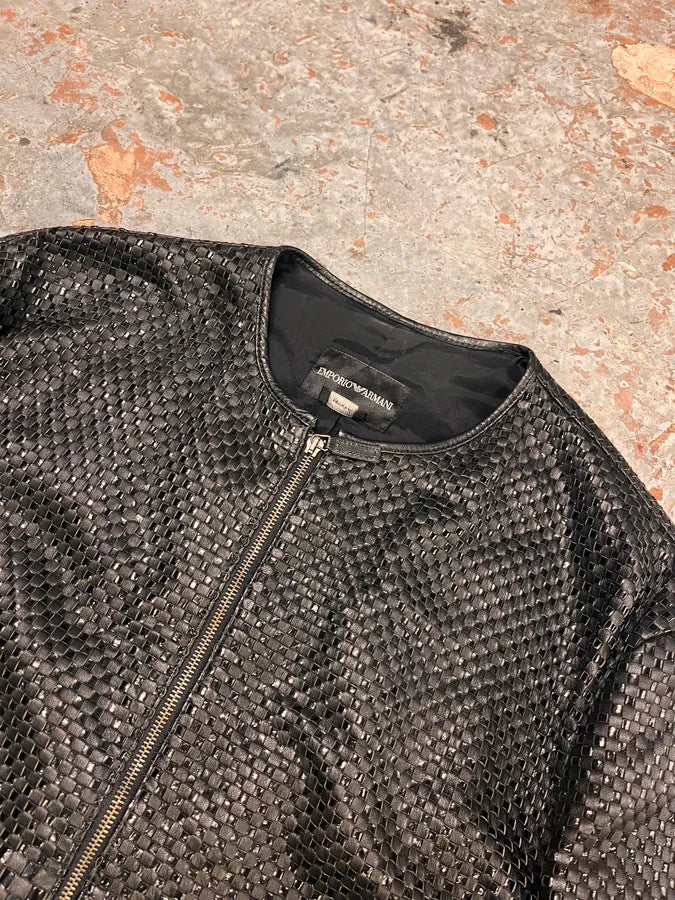 SS2010 Emporio Armani Woven Gradient Black Leather Jacket QyCvbKZ 4