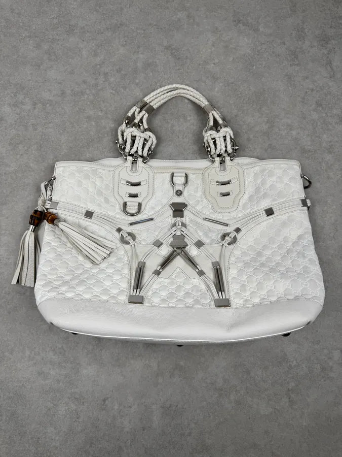 SS2010 Gucci Runway Techno Horsebit White Monogram Leather Large Bag by Frida Giannini cdaefTl 0