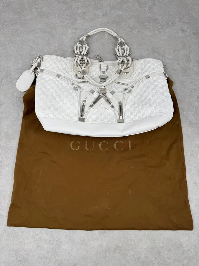SS2010 Gucci Runway Techno Horsebit White Monogram Leather Large Bag by Frida Giannini cdaefTl 13