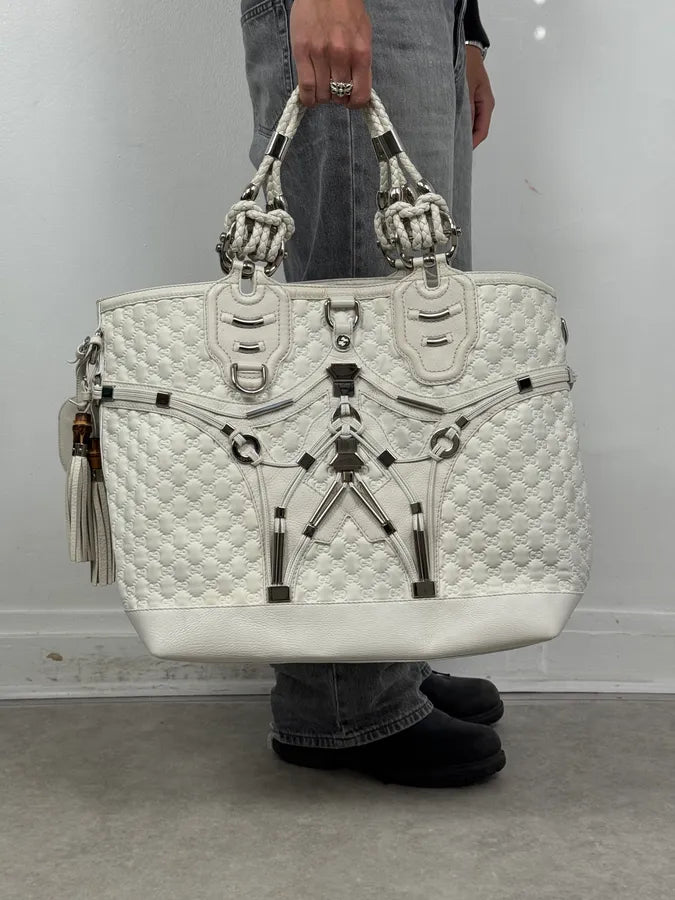 SS2010 Gucci Runway Techno Horsebit White Monogram Leather Large Bag by Frida Giannini cdaefTl 2