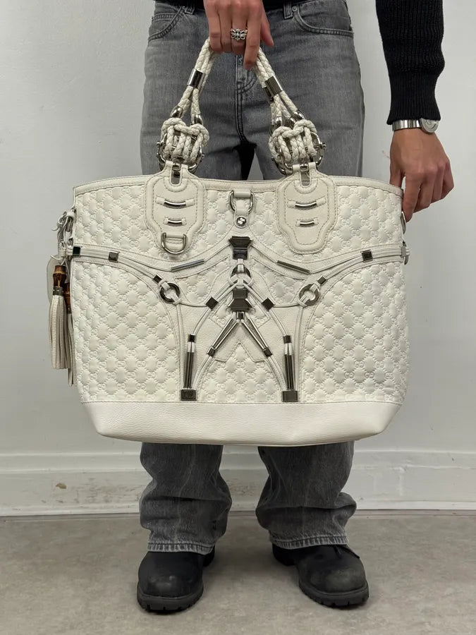 SS2010 Gucci Runway Techno Horsebit White Monogram Leather Large Bag by Frida Giannini cdaefTl 3