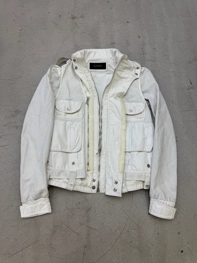 SS2010 Gucci White Multi-Pocket Cargo Mesh Leather Jacket PRvvTIF 6