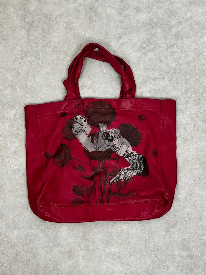 AW2010 John Galliano Red Dahlia Flowers & Geiko Girls Print Tote Bag sUGOyFk 0