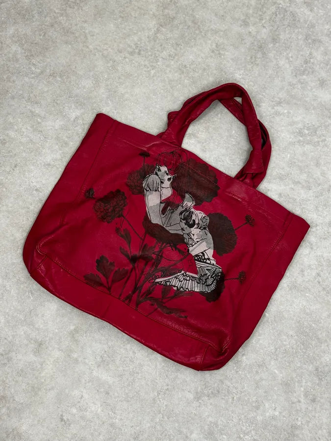 AW2010 John Galliano Red Dahlia Flowers & Geiko Girls Print Tote Bag sUGOyFk 4