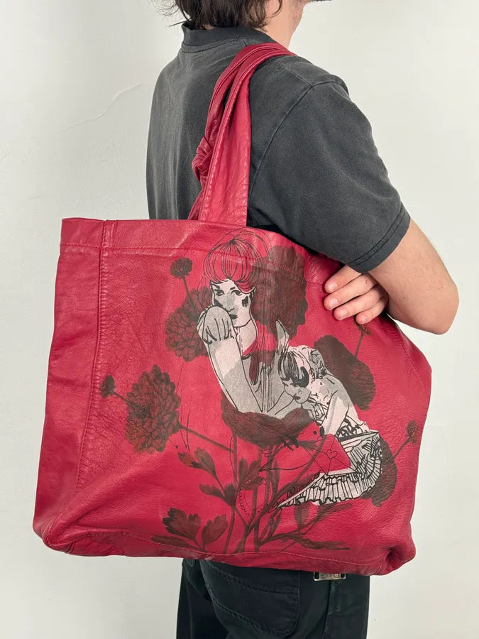 AW2010 John Galliano Red Dahlia Flowers & Geiko Girls Print Tote Bag sUGOyFk 1